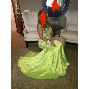 One Of One Lime Green Beaded Rhinestone Bedazzled Prom Dress‎ Womens Size 6